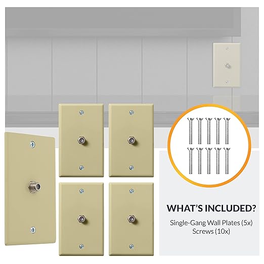 Newhouse Hardware 1-Port TV Cable Wall Plate, F Connector, for Coax Cable, Single Gang Video Wall Jack, 5-Pack, Ivory