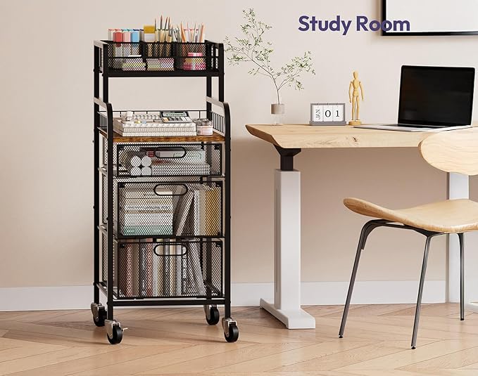 SWTYMIKI Office Rolling Cart with 3 Drawers - Metal Utility Cart with Wood Shelf, DIY Divider and Locking Wheels, Craft & Art Cart Organizer for Under Desk Storage for Home Office Studio, Espresso