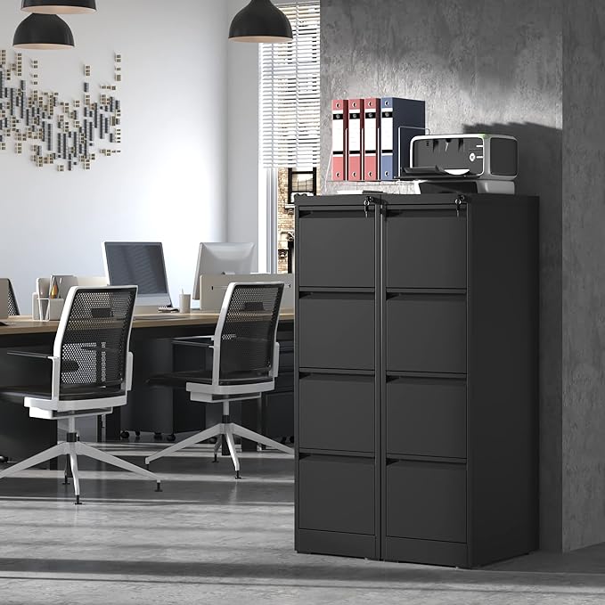 IKIMI 4 Drawer File Cabinet with Lock,Metal Filing Cabinets,Black Vertical File Cabinet for Home Office,Heavy Duty Metal Storage Cabinet for A4/Letter/Legal Size File,Assembly Required