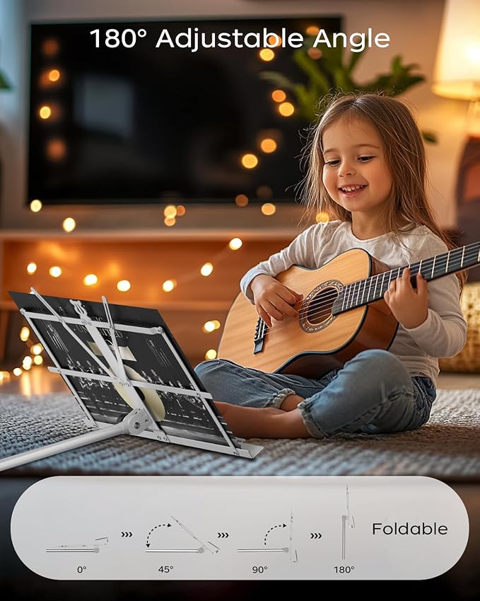K KASONIC - Music Stand, 2 in 1 Dual-Use Folding Sheet Music & Desktop Book Stand, Portable, Lightweight with Music Sheet Clip Holder & Carrying Bag Suitable for Instrumental Performance, White