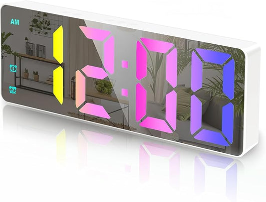 Small Digital Alarm Clock, Mirror Surface LED Electronic Clocks with Large Display, Adjustable Brightness and Snooze Model for Bedroom, Desk, Office, White Case