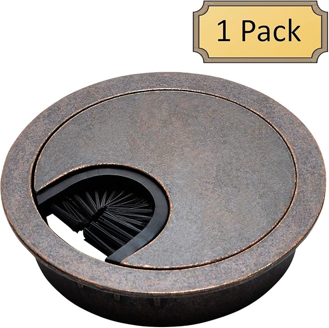 Antique Bronze Metal Cable Grommet | 2 Piece "Lock in" Feature with "Brush" Opening for Management of Office & Computer Desk Wires | 60mm (2 3/8") Hole Opening | 1 Pack