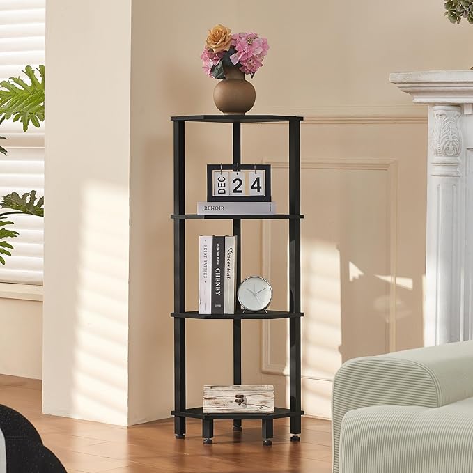 YUFAM 4-Tier Corner Shelf with Sturdy 5-Leg Base, 40in Tall Narrow Bookcase for Small Spaces, Wooden Plant Display Shelf, Thin Bookshelf for Living Room, Bedroom, Office, Black