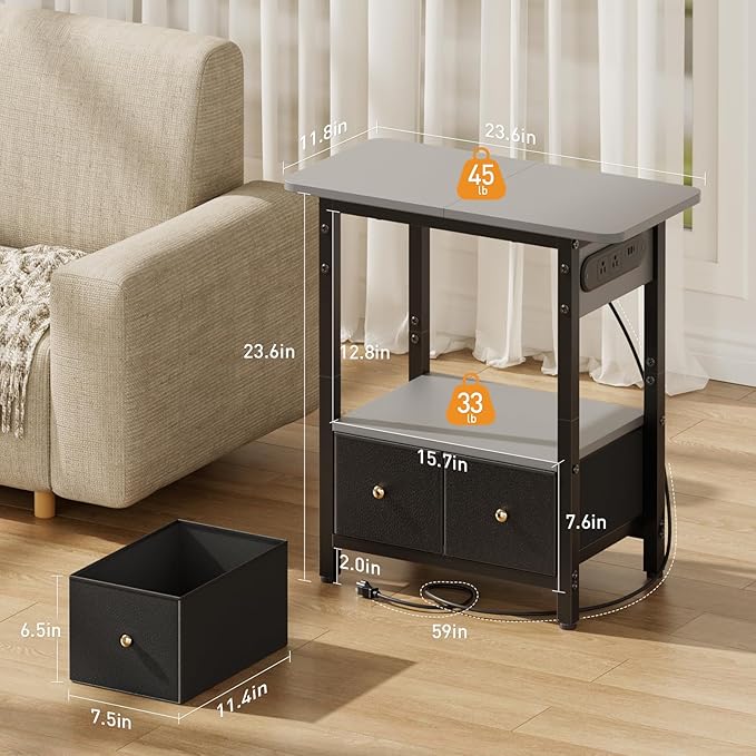 HLDIRECT Nightstand with Charging Station, Bedside Table with 2 Fabric Drawers and Large Storage Shelf for Small Space, End Table with Outlet and USB Ports for Living Room, Bedroom (Gray)