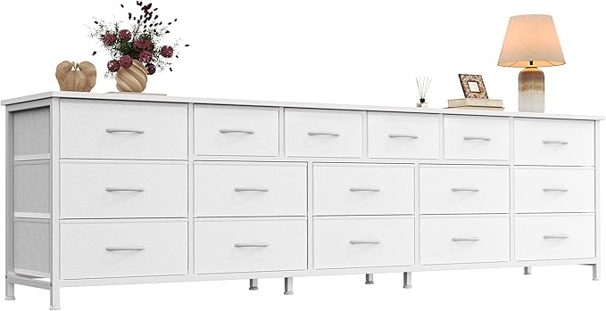 Huuger 77.6" Long Dresser for Bedroom, 16 Drawer Fabric Dresser for Closet, Wide Chest of Drawers with Storage, TV Stand for 65, 75, 85 Inch TV, 77.6" W x 12.9" D x 26.7" H, White