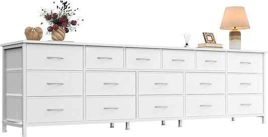 Huuger 77.6" Long Dresser for Bedroom, 16 Drawer Fabric Dresser for Closet, Wide Chest of Drawers with Storage, TV Stand for 65, 75, 85 Inch TV, 77.6" W x 12.9" D x 26.7" H, White