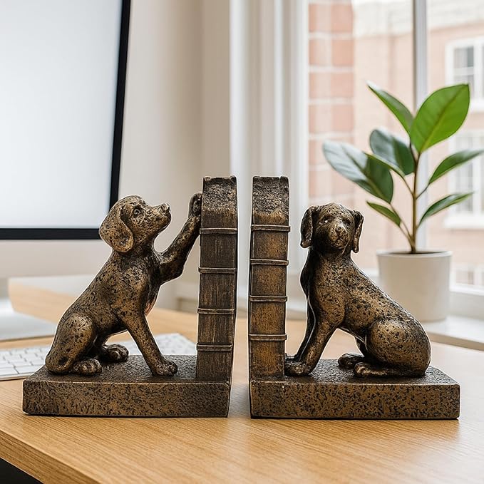 Tatuo 2 Pcs Decorative Dog Bookends for Shelves, Vintage Old-Money Book Ends for Heavy Books Labrador Dog Animal Stopper Retriever Statues with Anti-Slip Base for Book Lover Home Office Bookshelf