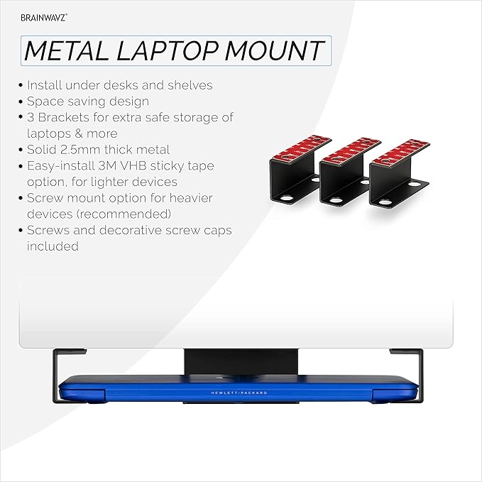 Under Desk Laptop Holder Mount For Desk, Adhesive & Screw In, Devices upto 1.5" Thick like Macbooks, Surface, Keyboard, Routers, Modems, Cable Box, Network Switch & More (Metal Black) By Brainwavz