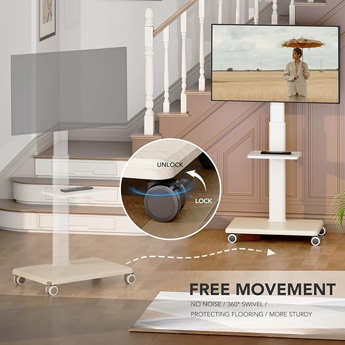 AX WABER Universal Floor TV Stand, Portable Rolling Floor TV Mount with Wheels, 80 Degree Swivel Height Adjustable for 27 to 65 Inch LCD LED OLED, Holds up to 88 lbs Mobile TV Cart, Max VESA 400x400mm
