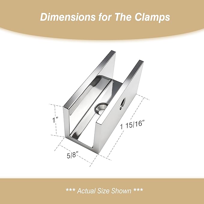 Solid Brass Glass Clamp – Fixed Mount Bracket Hardware Kit for 3/8" to 1/2" (10-12mm) Glass, Chrome Finish