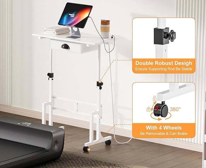 Cidaziya Small Adjustable Height Standing Desk with Storage Drawers, Rolling Sit Stand Up Desk with Wheels Charging Station, Adjustable Mobile Portable Table for Walking Pad Laptop Treadmill Computer