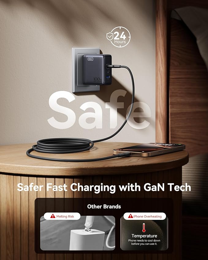 INIU USB C Charger Block, 100W GaN Fast Charging, 3-Port Compact Foldable Travel Laptop Charger with Type C Cable, Power Adapter for Mac Book Air Pro 15 14, iPhone 17 16 Pro Max Samsung S26 S25 Ultra