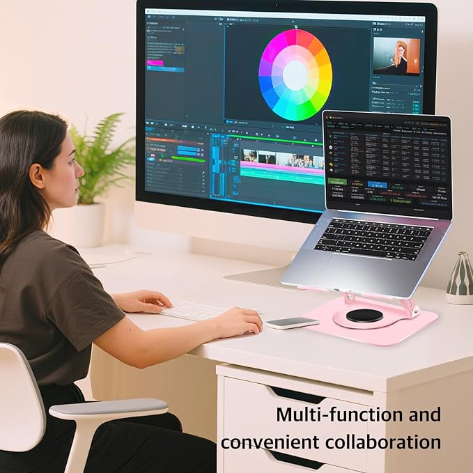 3-Year Swivel Laptop Stand -360°Rotating,Ergonomic Adjustable Metal Design,Fits10-16 Laptops,Ideal for Office&Travel,Foldable&Portable,Mechanical Style,Perfect for Women (Pink)