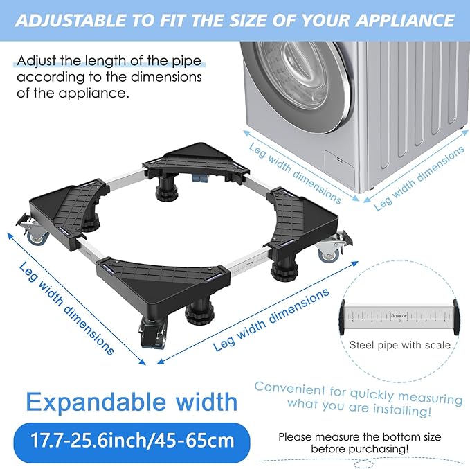 Mini Fridge Stand with 4 Locking Twin Wheels Washing Machine Stand Base 4 Strong Feet Adjustable Universal Mobile Roller Base for Furniture Portable Refrigerator Dryer Stand 45-65 cm(Black, 440LB)
