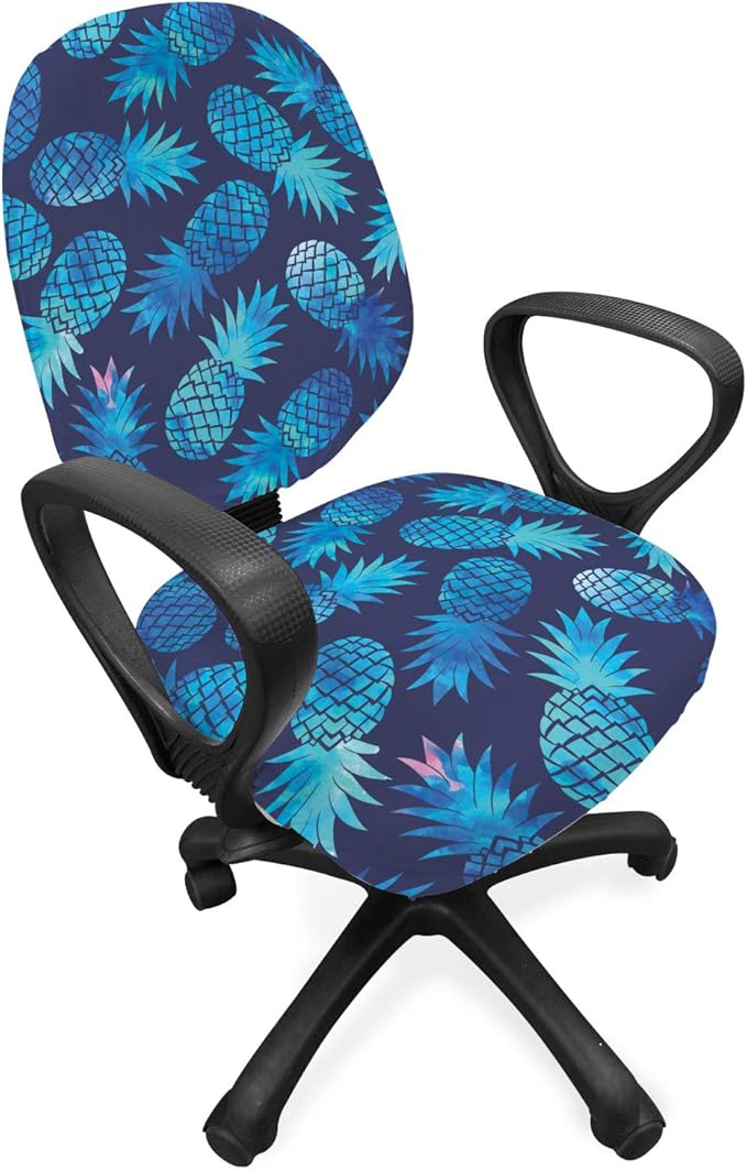 Ambesonne Modern Office Chair Slipcover, Pineapple Pattern Exotic Fruit in Digital Watercolor Illustration, Protective Stretch Decorative Fabric Cover, Standard Size, Night Blue