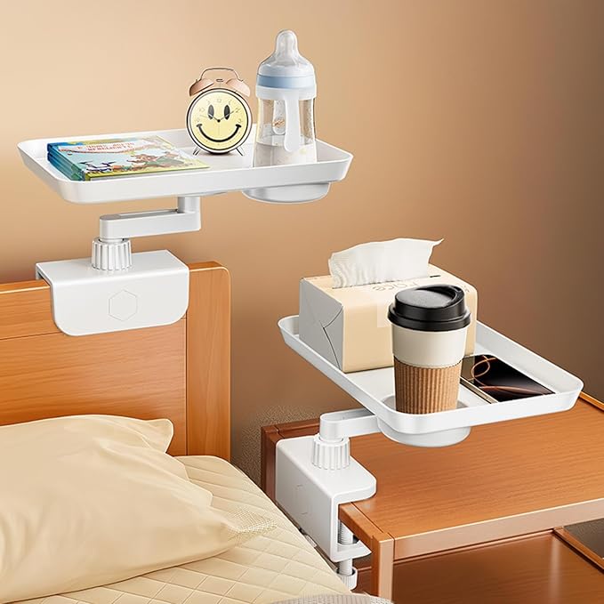 360° Rotating Bed Side Shelf - Sturdy 50lb Clip-On Bedside Tray for Dorm Bed, Bunk Beds & Small Spaces, Space-Saving Nightstand Organizer,College Dorm Room Essentials,Easy to disassemble