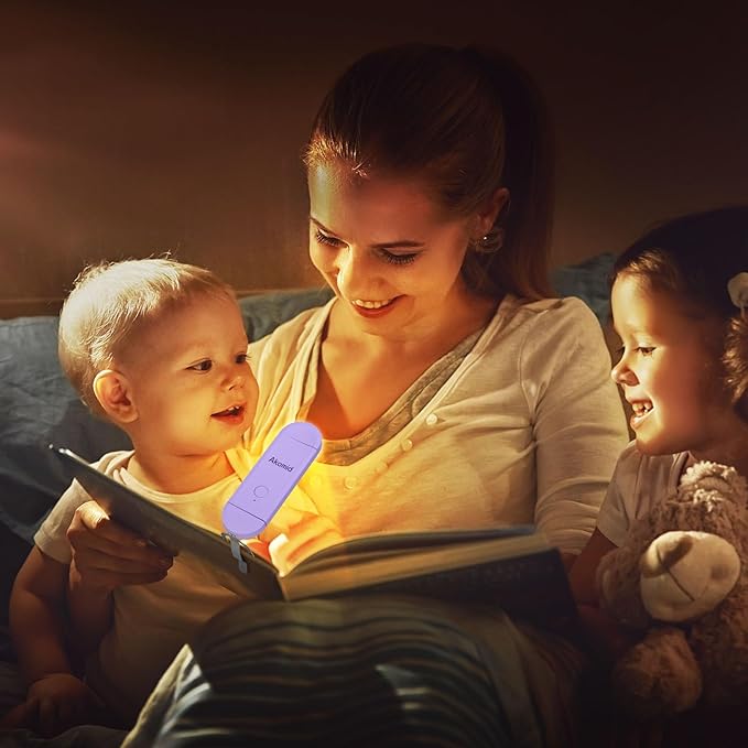 Akomid USB Rechargeable Book Light for Reading in Bed, 8 LEDs Bookmark Style Clip on, Eye-Cared Amber Light Mode for Kids, Blue Light Blocking, Stepless Dimming, Purple