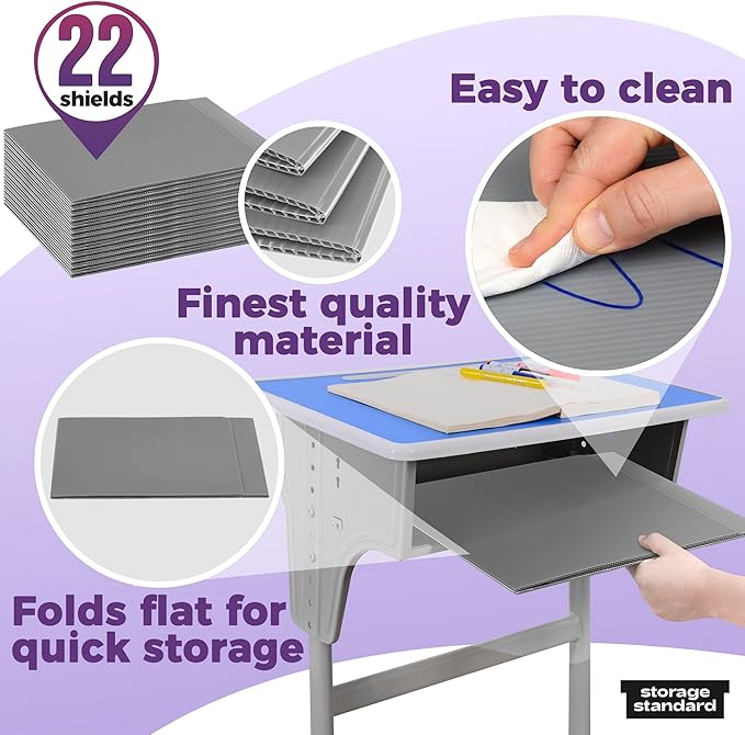 22-Pack Desk Dividers for Students - Waterproof & Durable Plastic Privacy Shield Divider, Classroom Folders Teacher Supplies, Easy-to-Clean Plastic Study Carrel Folder Boards for Student Desks, Grey