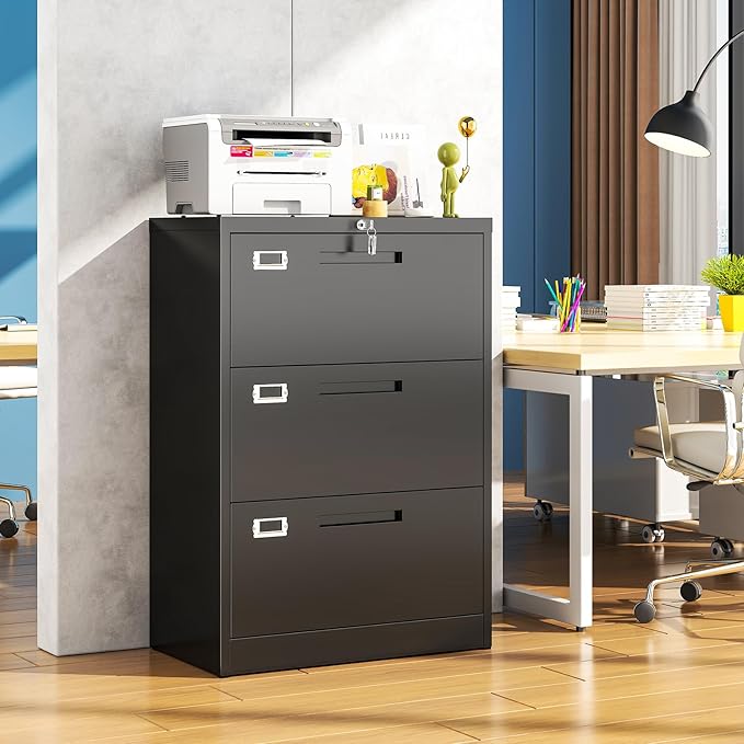 Metal Lateral 3 Drawer File Cabinet, Wide Filing Cabinet with Lock for Home Office Organization Hanging Files Letter/Legal/F4/A4 Size (Black, Assembly Required)