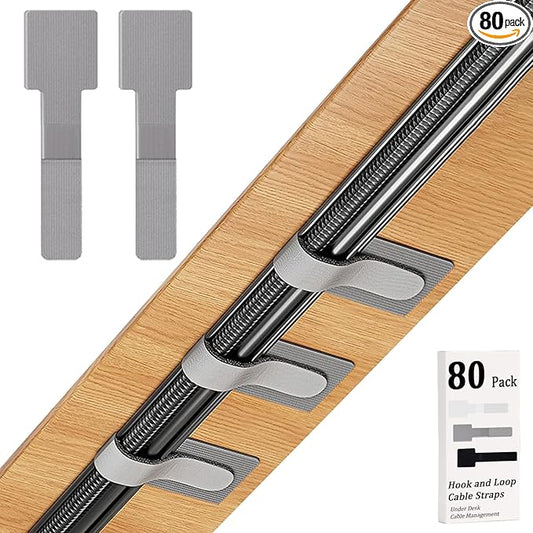 80PCS Hook and Loop Cable Straps, Cable Management Under Desk, Adhesive Cable Ties, Reusable Wire Organizers for Cords, Cords Management, Computer Accessories for Desk, Home Office Essentials, Gray