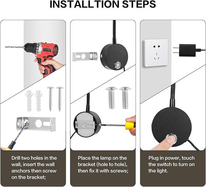 Reading Light for Bed, Wall Mounted Reading Lights with 15" Flexible Gooseneck, Touch Control, 3 Colors Temperature and Stepless Dimmable, Plug in Headboard Bedside Light(1 Pack)