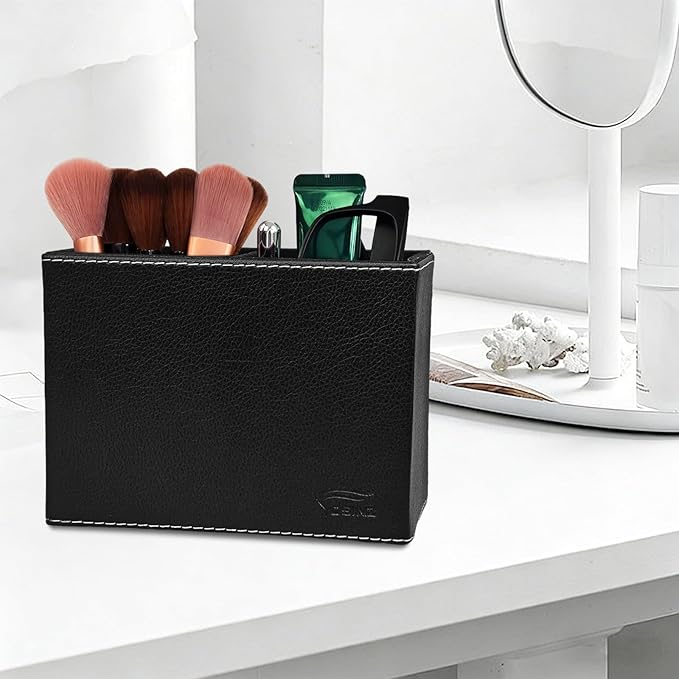 Black Pen Holder, Double Slots Leather Pencil Holder, Elegant Pen Holder for Desk, Stationery Organizer for School Office Home Dorm