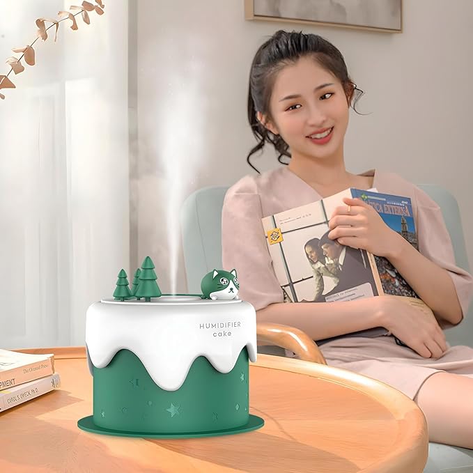 Cute Pet Humidifier, Cat Cake Humidifier, USB Plug-in Use, Desktop Silent Spray, Seven Color Light Creative Aroma Machine, High Appearance Level Gift(Green)