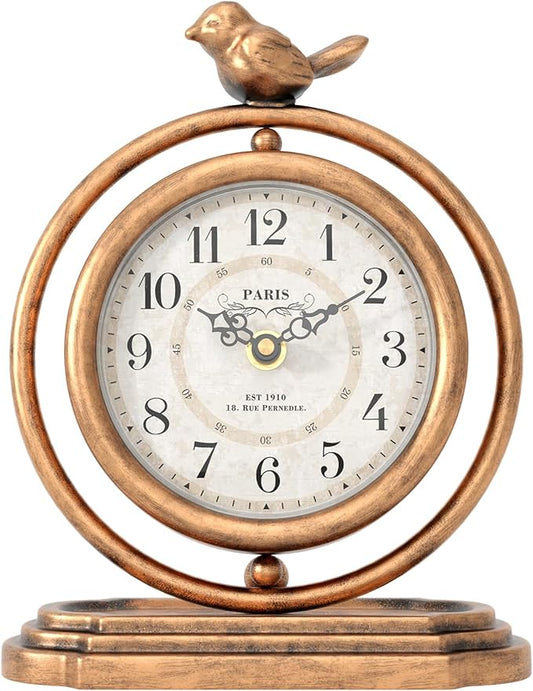 Gold Vintage Table Clock with Bird, European Retro Style Mantel Clocks, Desk and Shelf Decor Clock, for Living Room, Farmhouse, Bedside, Bedroom, Gift (7.9" H x 6.3" W)
