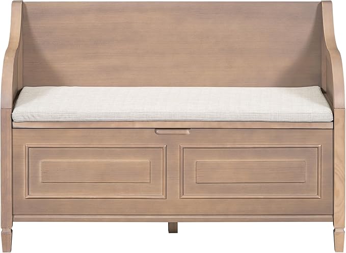 SOFTSEA 41.9" Storage Bench with Back, Entryway Shoe Bench with Cushion & Lift Top Storage, Rustic Shoe Storage Cabinet with Cushioned Seat for Entryway, Bedroom, Living Room (Brown)