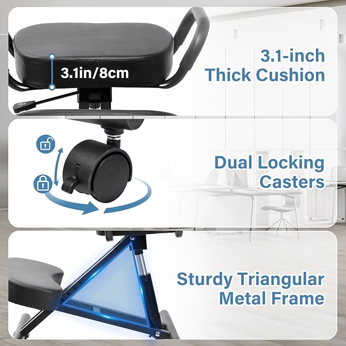 Ergonomic Kneeling Chair, Height Adjustable Stool for Home and Office, PU Kneeling Chair for Desk to Relieve Back Discomfort, Thick Moulded Foam Cushions Brake Casters