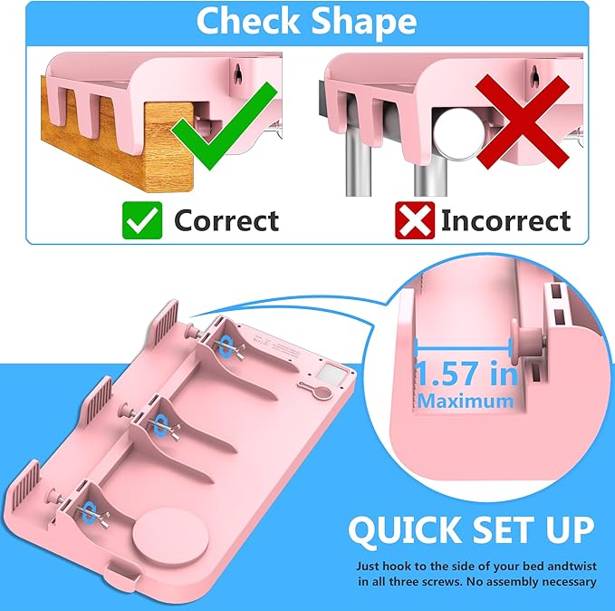 Hiree Bedside Shelf for Dorm Bunk Bed with USB Charging Port and 2 AC Outlets, Bed Side Table Tray Organizer, College Dorm Essential Clip On Bedside Tray, Loft Nightstand Decor, Plus Size, Pink