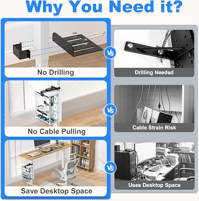 Under Desk PC Mount - No Drilling 40 lb Capacity, Fits 3 Fixed Desk Leg Sizes, CPU Holder Under Desk, Adjustable Clamp-on Desk Leg PC Mount for Standing Desk, with Non-Slip Pads, White