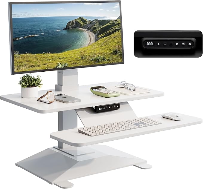 Electric Standing Desk Converter 28" Wide, Height Adjustable Desk Riser, Computer Workstation, Sit-Stand Convertor for Home, Office, School (White, 1 Arm Included)