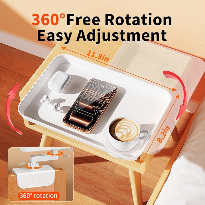360° Rotating Bed Side Shelf - Sturdy 50lb Clip-On Bedside Tray for Dorm Bed, Bunk Beds & Small Spaces, Space-Saving Nightstand Organizer,College Dorm Room Essentials,Easy to disassemble