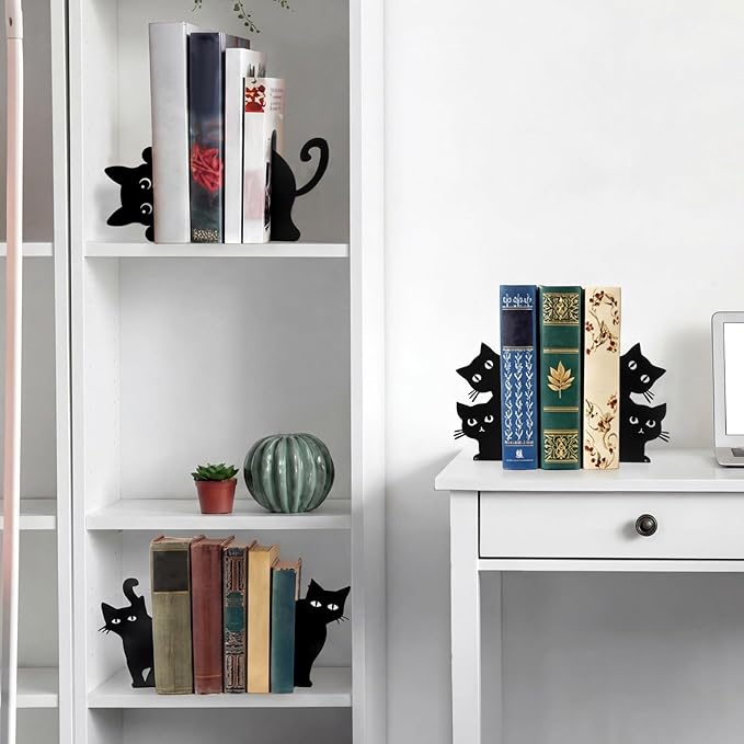 Flutesan 6pcs Black Cat Metal Bookends Cute Cats Bookends for Shelves, Bookshelf Decorative Home Office Desk, Bookstore, Bookshelf Decor Cat and Reading Lovers Gift