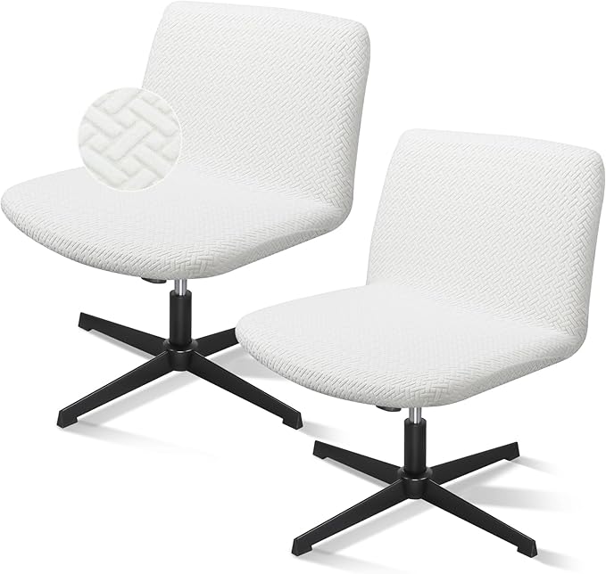 Criss Cross Chair Cover, 2pcs White Slipcover Armless Office Desk Computer Chair Fuzzy Cover，Stretch Mid Back Wide Seat Swivel Chairs Protector Jacquard for Bedroom（Only Covers, No Chairs）