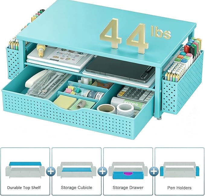 Spacrea Desk Organizer and Accessories, Computer Monitor Stand Riser with Drawer and 2 Pen Holders, Office Desk Accessories & Workspace Organizers for Office Supplies (Blue)