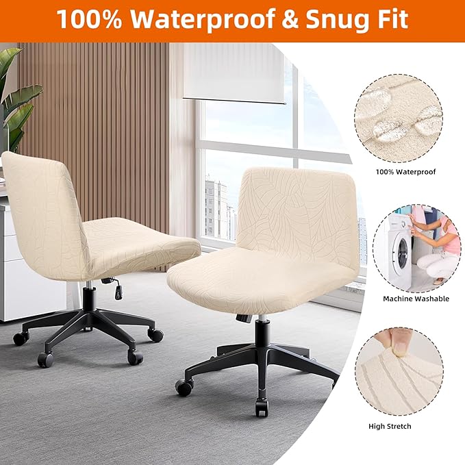 Fuloon Criss Cross Chair Cover, Waterproof, Stretchable, Solid Jacquard, Suited for Armless/Office/Desk/Mid Back Wide Seat/Computer/Task/Vanity/Accent Chair (Leaves -Shaped Jacquard, Beige)