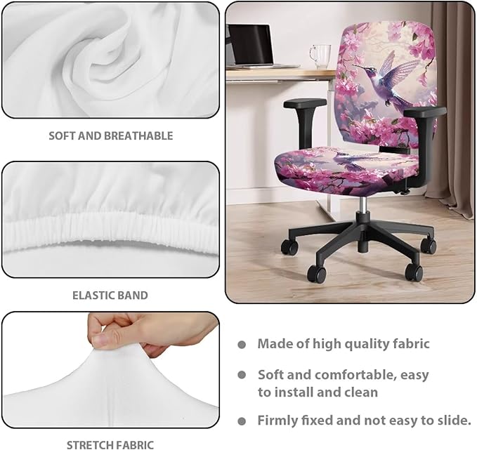 Hummingbird Flower Office Chair Covers Washable Computer Chair Cover Ethnic Split Protective Stretch Desk Chair Seat Covers Dorm Computer Rotating Chair Slipcover Party Favor Pink