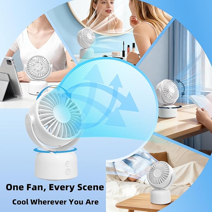 Small Oscillating Desk Fan USB Rechargeable 3 Speed Portable Mini Cooling Fan Quiet Personal Fan for Home Office Bedroom