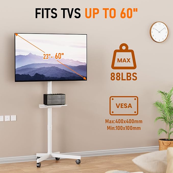 Mobile TV Cart Rolling TV Stand for 23-60 Inch LCD LED OLED Flat Curved Screens up to 88 lbs, Height Adjustable Portable TV Cart with Shelf/Wheels, Outdoor TV Stand Mount, Max VESA 400x400mm, White