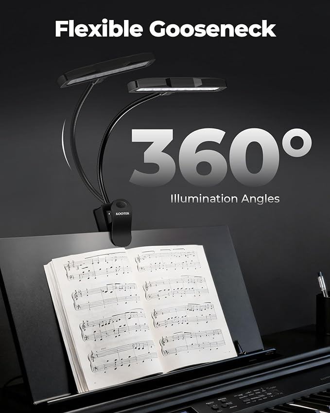 Kootek Music Stand Light, Eye Caring Clip-on Piano Lamp, 360° Flexible Gooseneck Adjustable Brightness USB Rechargeable for Sheet, Book Reading, Orchestra, Podium, Easel