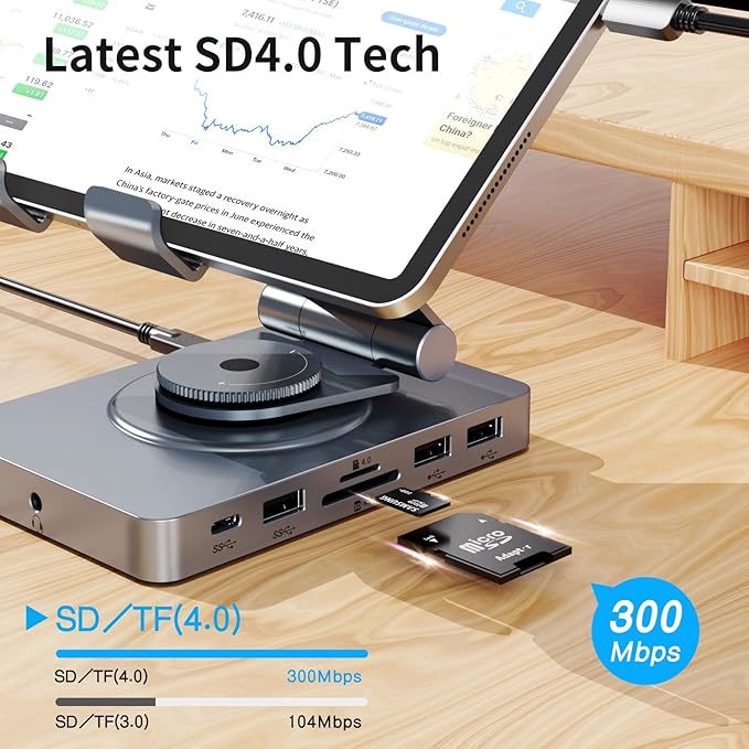 Versatile USB C Docking Station for iPad (USB-C), 11-in-1 with SD TF 4.0 Reader, 4K@60Hz HDMI, RJ45, Audio, USB A, USB c, Rotatable, Also for Tablet, Steam Deck, ROG Ally, Legion Go, with 65W Adapter