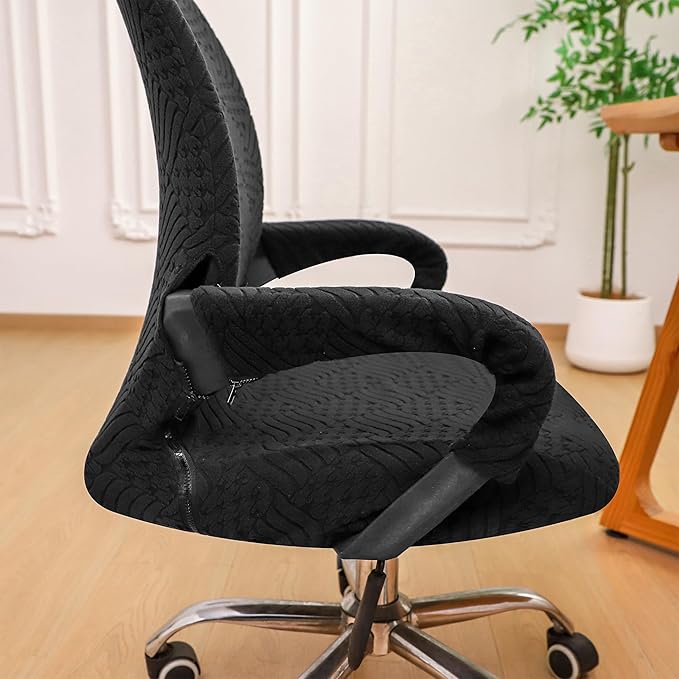 Small Office Chair Cover with Zipper Armrest Cover 18Inch Wide Stretch Black Jacquard Desk Computer Chair Covers with Arm Washable