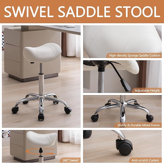 FIRAVOE Saddle Stool, Swivel Saddle Stool with Wheels, Adjustable Rolling Stool 18"-26", Faux Leather Rolling Stool for Salon, Massage, Clinic, Lab, Office, White, 1PCS