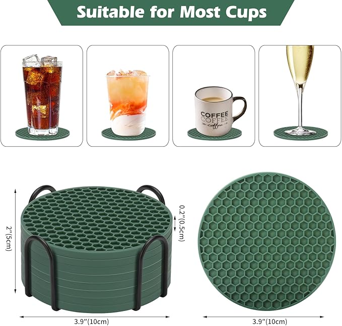 TWTLi Silicone Coasters Set of 8 with Holder,Coasters for Drinks,Beer,Coffee Coasters,Suitable for Kinds Cups,Hot or Cold,Anti-SLI,Non-Stick,Anti-Overflow Tabletop Protection and Decor (8 Pcs, Green)