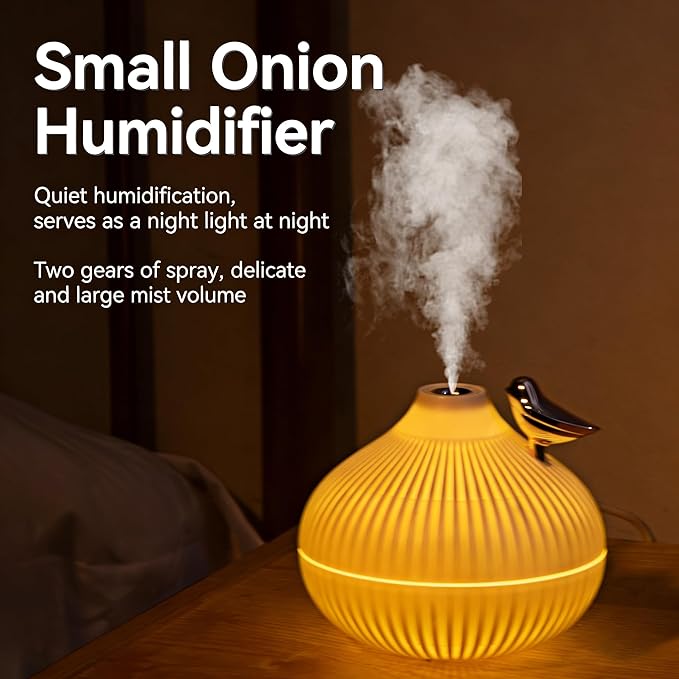 Portable Small Onion Humidifier, 300ml Desktop Mini Humidifier with 3-Color Warm Night Light, for Bedroom Home Office Travel