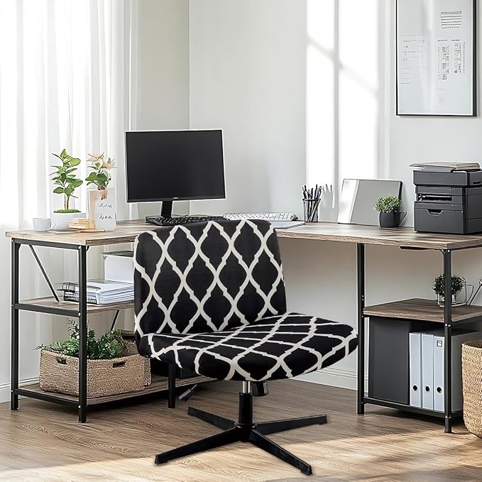Armless Chair Slipcover Stretch Criss Cross Chair Cover, Mid Back Wide Seat Accent Chair Covers,Modern Vanity Chair Cover for Office Desk (Black Grid)