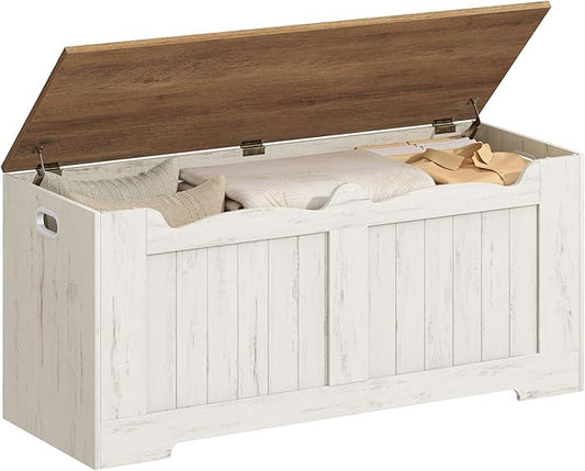 Hzuaneri 43.3" Storage Chest, Extra Large Storage Bench Trunk with 2 Hinges, Wooden Box, Lift-Top Chest Organizer, Shoe Bench for Entryway, Bedroom, Living Room, White and Brown SB25514X