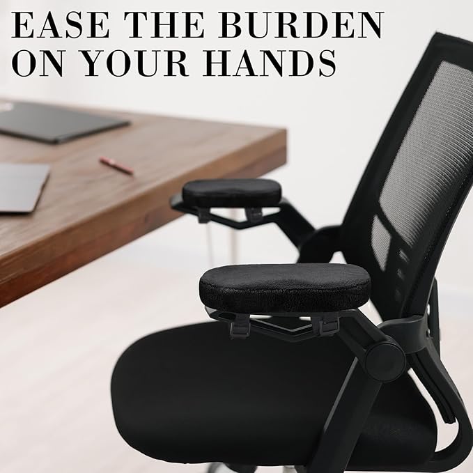 Threlaco 2 Pcs Office Chair Armrest Pads Soft Foam Office Chair Arm Covers Fluffy Flannel Gaming Armchair Armrest Cushion for Elbows and Forearms Support Pressure Relief(Black)